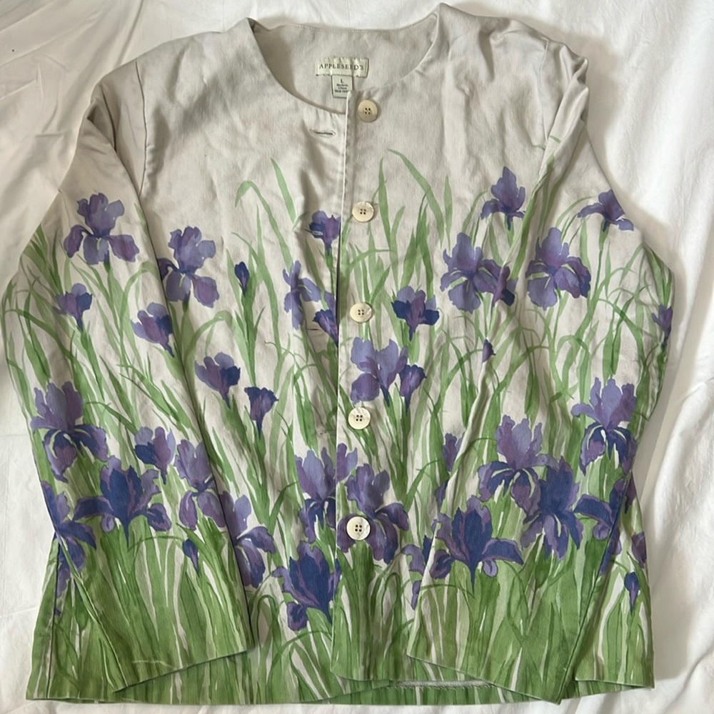 Appleseeds Jacket Womans Blazer Purple Iris Floral Watercolor